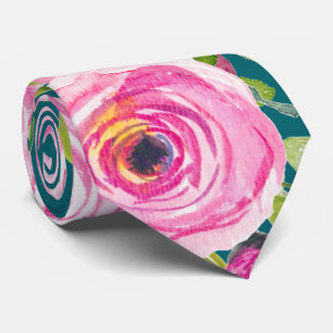 Cravate Roses d'aquarelle en rose et crème sur Turquoise