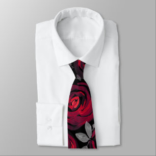 Cravate Roses d'aquarelle, roses rouges sur noir