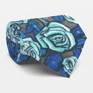 Cravate Roses d'Automne Motif Floral Rétro Bleu Gris Menth