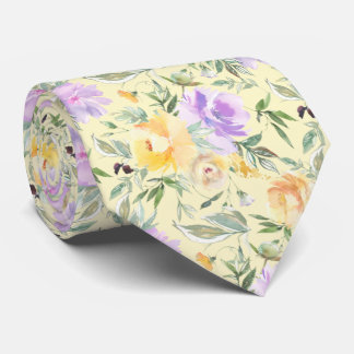 Cravate Roses Fleurales Aquarelle Jaune et Violet de Lavan
