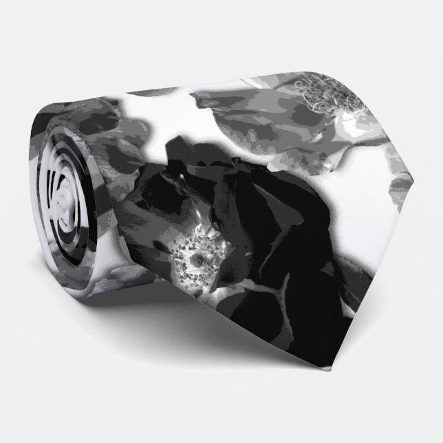 Cravate Roses noirs et blancs à grandes fleurs (Roulé)