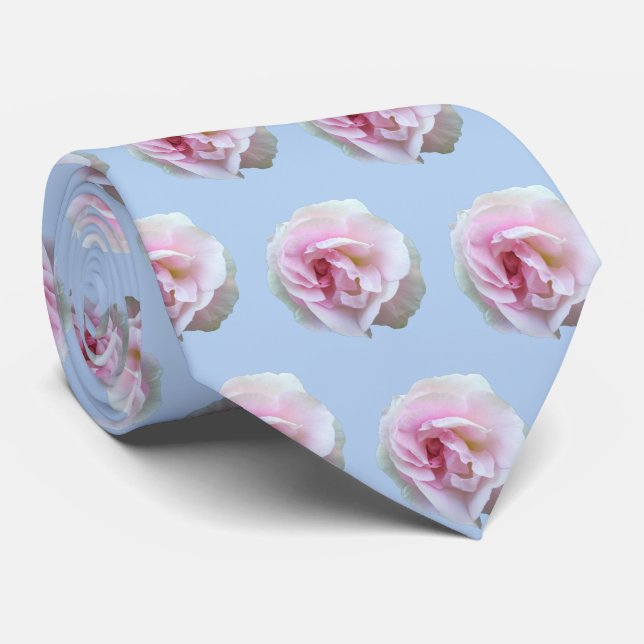 Cravate Roses roses sur motif floral bleu clair (Roulé)