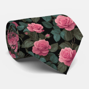 Cravate Roses roses sur motif floral noir