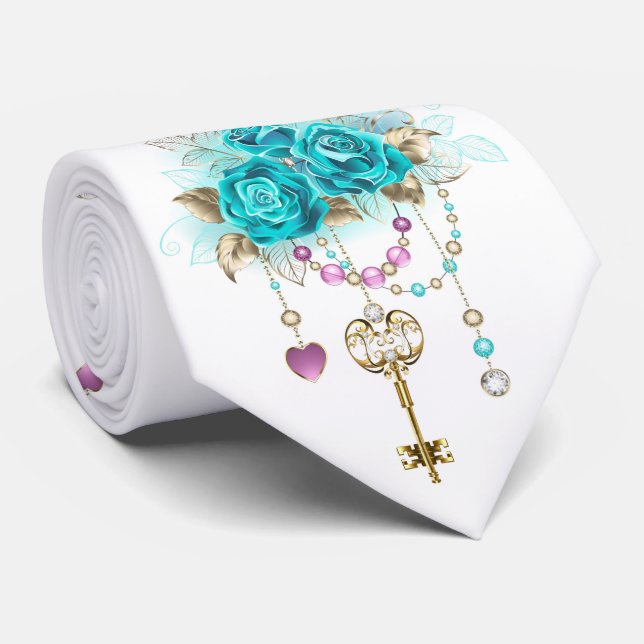Cravate Roses turquoise avec touches (Roulé)