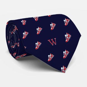 Cravate Rouge Blanc Basket Monogramme Initial Minuit Bleu