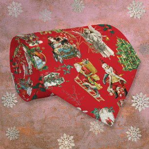 Cravate Rouge Festif Vintage Rétro Noël Amusant