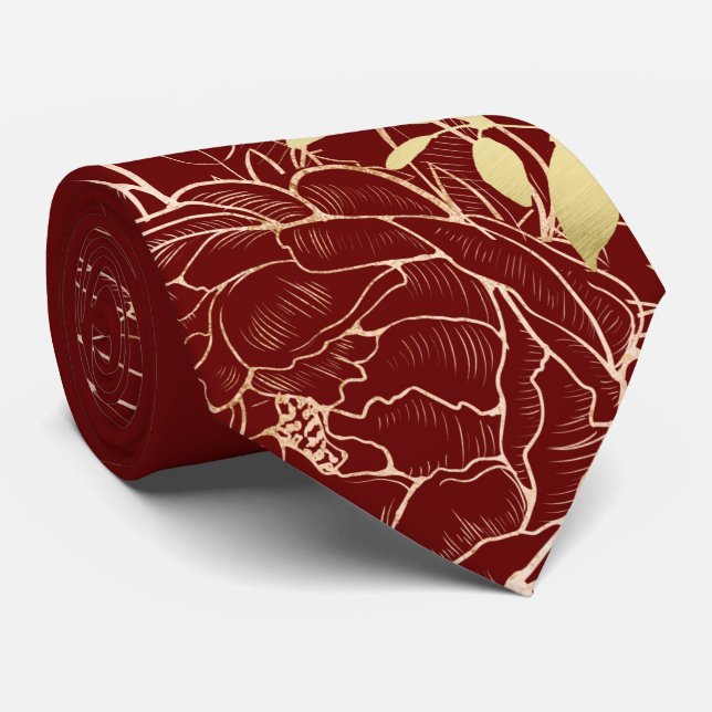 Cravate Rouge foncé & Faux Gold Peony Mariage floral moder (Roulé)