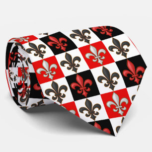 Cravate Rouge Noir Blanc À damiers Fleur de lis Design
