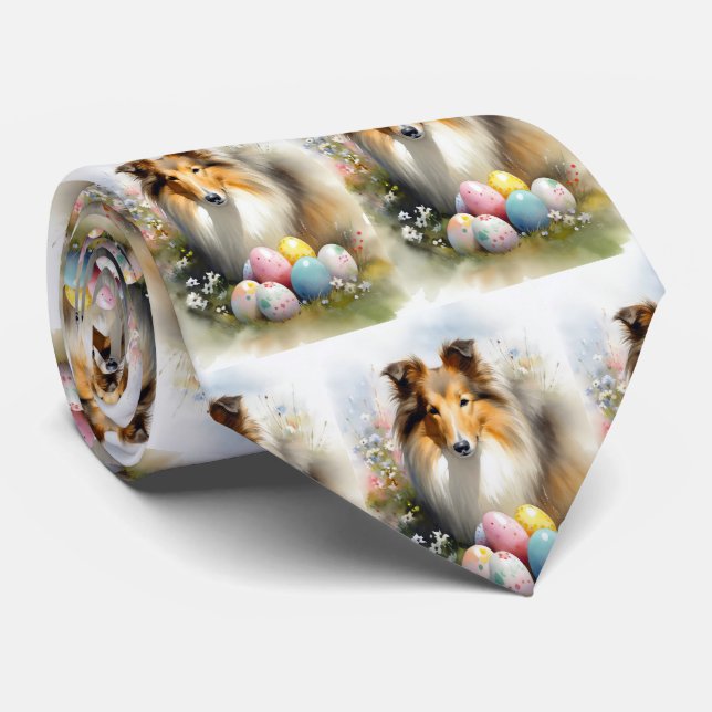 Cravate Rough Collie Chien avec Oeufs de Pâques Fête (Roulé)