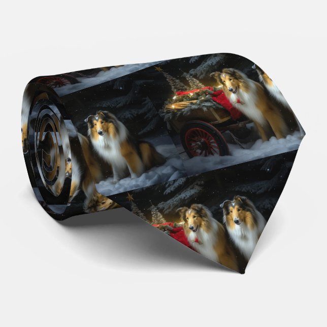 Cravate Rough Collie Snowy Sleigh Décor de Noël (Roulé)