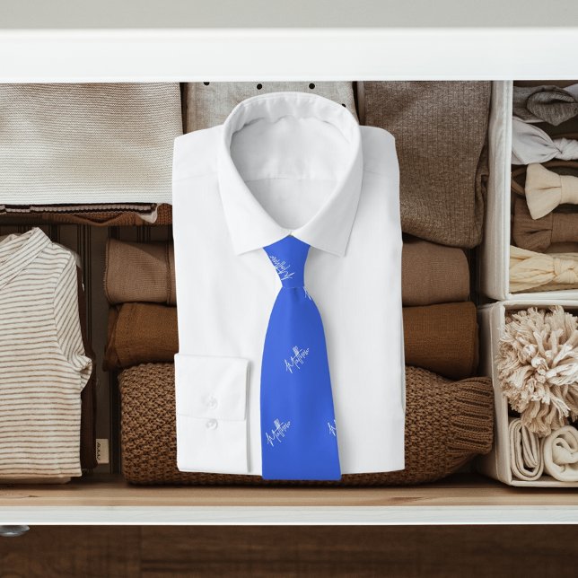 Cravate Royal bleu blanc nom motif script moderne (Créateur téléchargé)