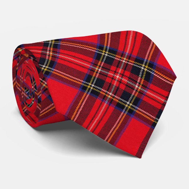 Cravate Royal Stewart tartan rouge noir plaid (Roulé)