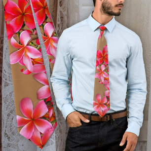 Cravate Sable Fleurs Tropicales Plumeria Hawaïen Rose