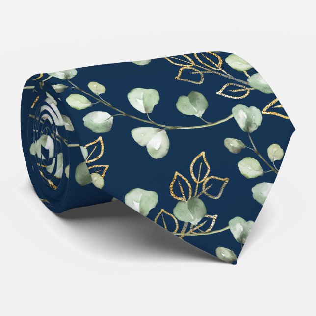 Cravate Sage Green & Gold Eucalyptus Mariage de marine (Roulé)