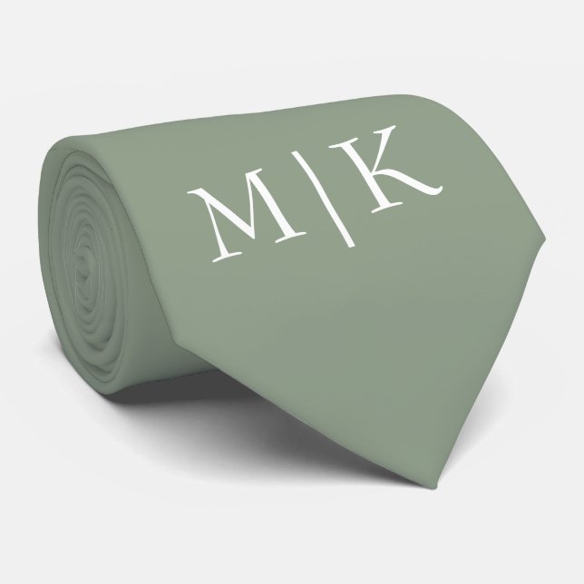 Cravate Sage vert et blanc | Monogramme moderne (Roulé)