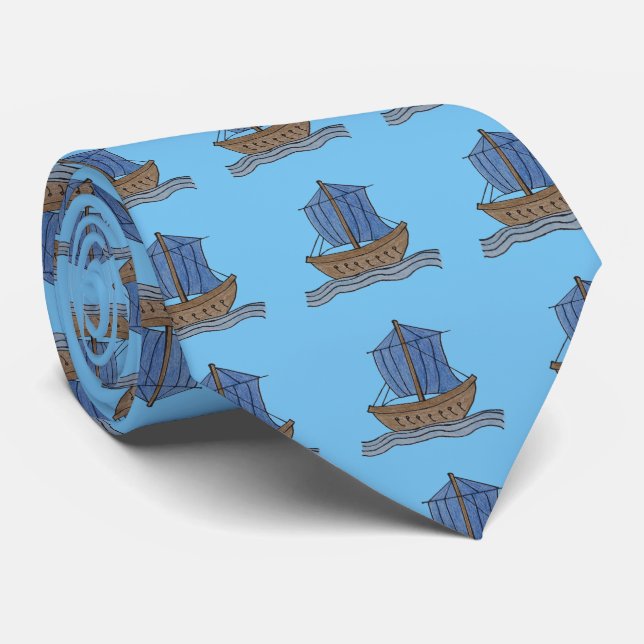 Cravate Sailor! Blue Sailing Ship Necktie (Roulé)