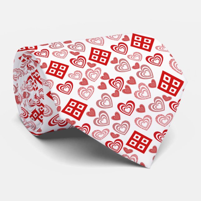 Cravate Saint Valentin Amour rose, rouge et Motif blanc (Roulé)