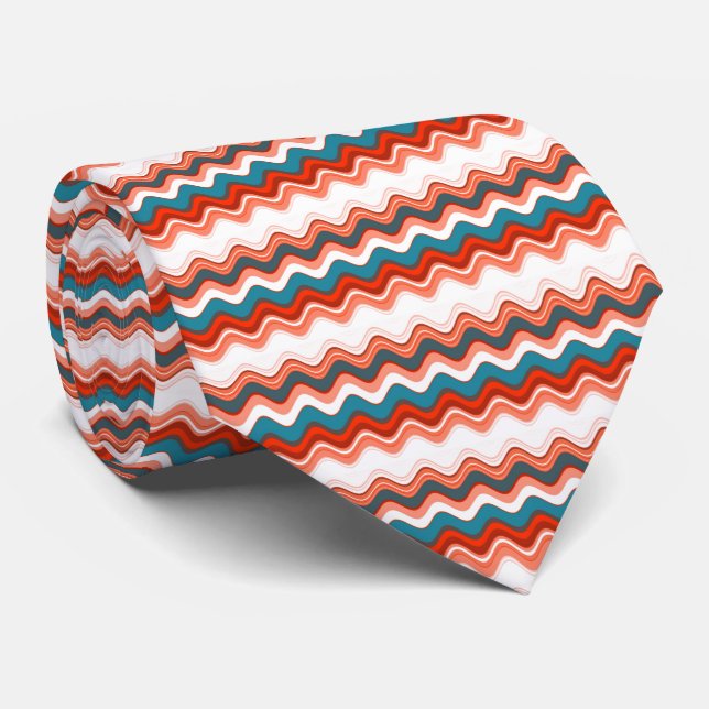 Cravate Saumon de corail Orange Turquoise Wavy Zigzag Moti (Roulé)
