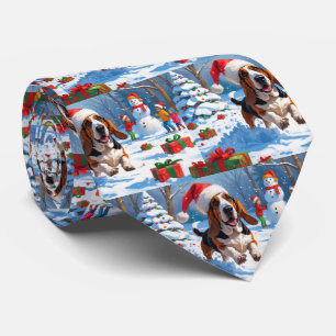 Cravate Scène de Noël festive avec un Basset Hound dans la