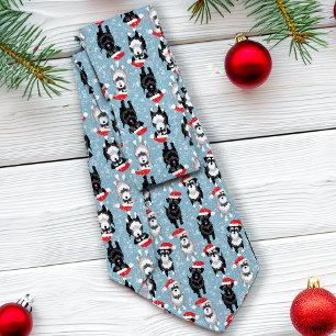 Cravate Schnauzers de Noël à Santa Hats Bleu clair