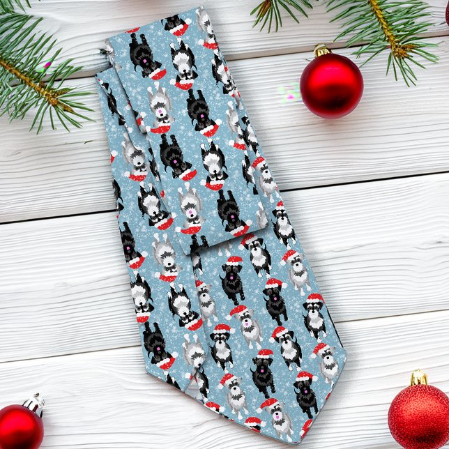 Cravate Schnauzers de Noël à Santa Hats Bleu clair (Créateur téléchargé)