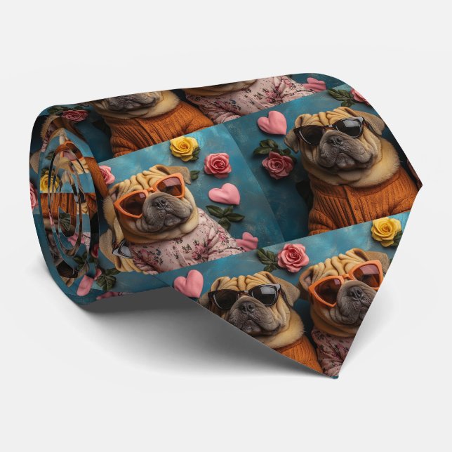 Cravate Shar Pei avec Roses de coeur Saint Valentin (Roulé)