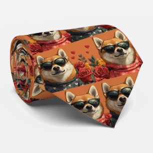 Cravate Shiba Inu  avec Roses du cœur Saint-Valentin 