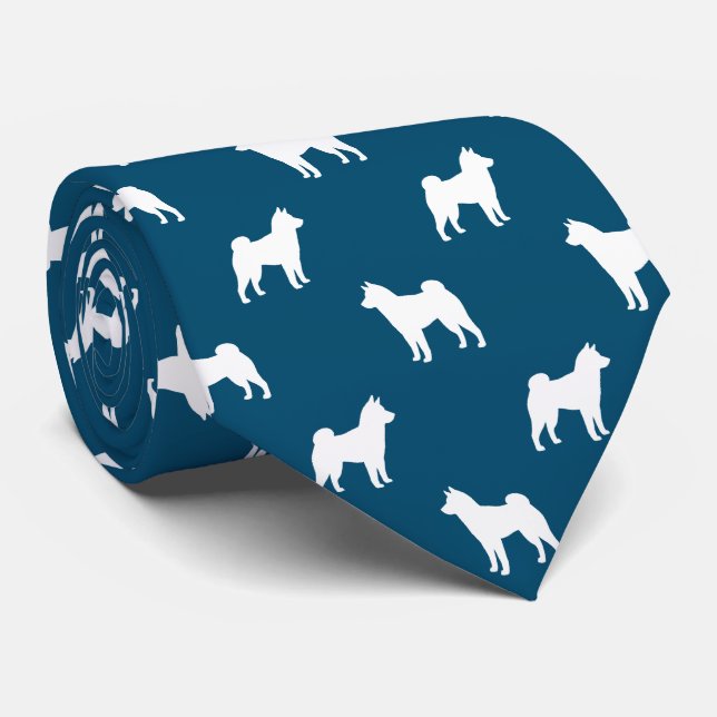 Cravate Shiba Inu Chien Silhouettes Motif Bleu et blanc (Roulé)