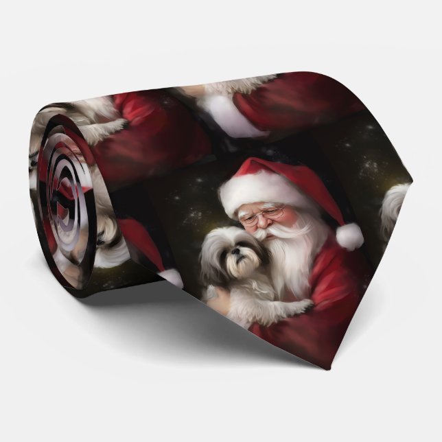 Cravate Shih Tzu Avec Noël Festif Du Père Noël (Roulé)