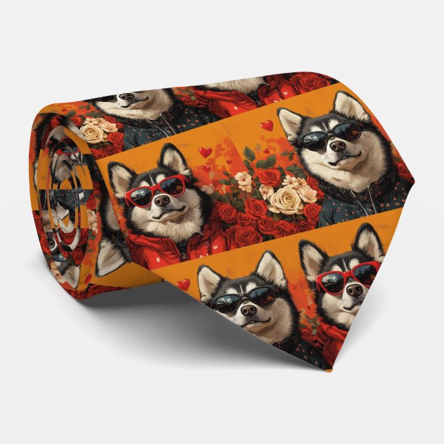 Cravate Sibérie Husky avec Roses de coeur Saint Valentin (Roulé)