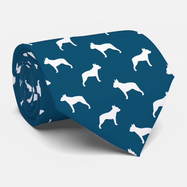Cravate Silhouettes de Boston Terrier Motif bleu et blanc (Roulé)