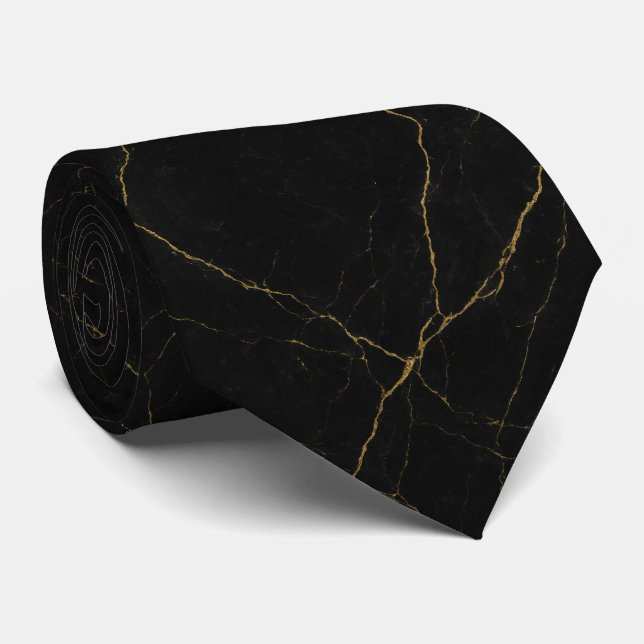 Cravate Simple Black Marble Texture with Subtle Gold Veins (Roulé)
