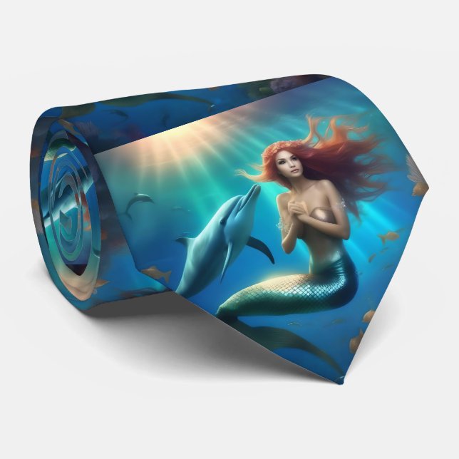 Cravate Sirène Angélique Nageant Avec Dauphins, (Roulé)