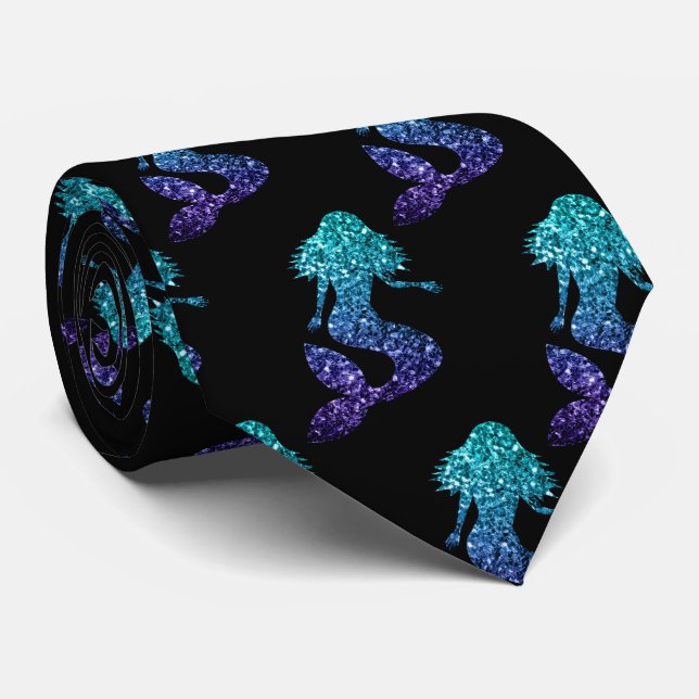 Cravate Sirène bleu aqua ombré motif paillettes noir (Roulé)