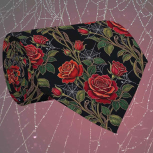 Cravate Soie fausse gothique Roses et toiles d'araignée