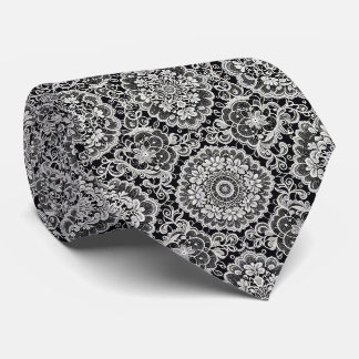 Cravate Soie fausse | Motif de dentelle noir et blanc |