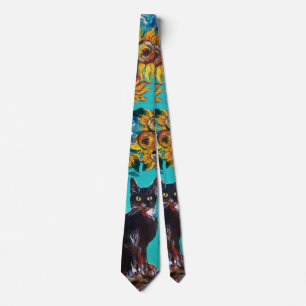 CRAVATE SOUFFLE AVEC CHAT NOIR EN BLEU TURQUOISE