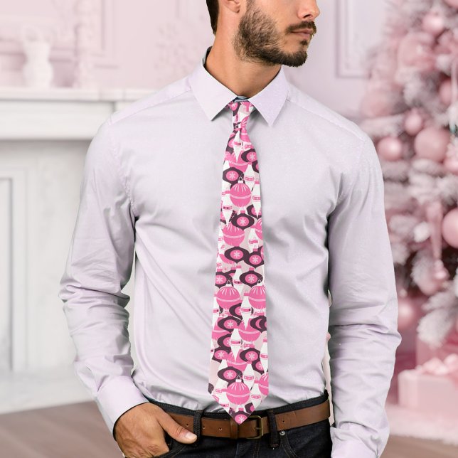Cravate Style Rose et Noir décorations rétro Noël (festive pink and black Christmas neck tie with colorful ornaments)
