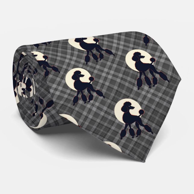 Cravate Stylish Poodle on Gray Plaid Necktie (Roulé)