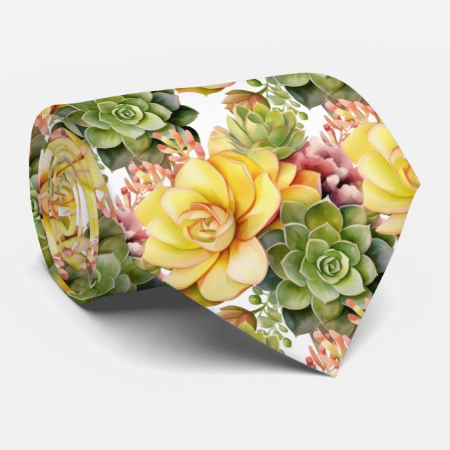 Cravate Succulentes Rose Jaune Vert Gras (Roulé)