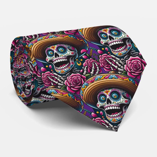 Cravate Sugar Skull Art - Skeleton Sombrero Roses Calavera (Roulé)