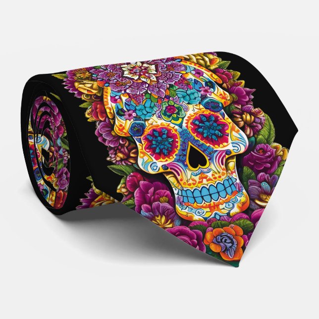 Cravate Sugar Skull Art - traditionnel mexicain (Roulé)