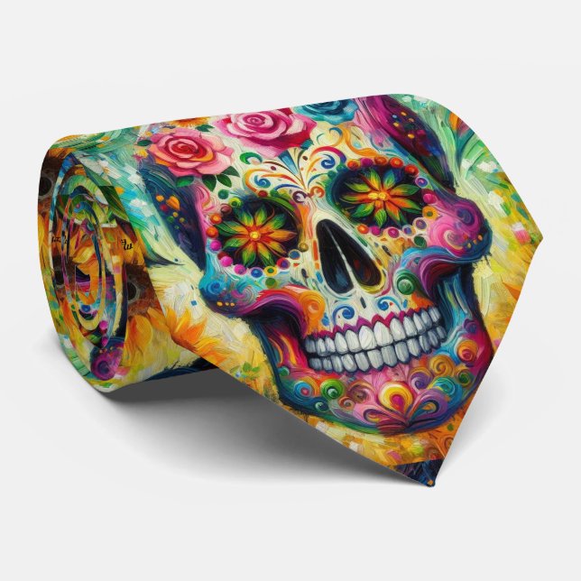 Cravate Sugar Skull Dia De Los Muertos Day of the Dead (Roulé)