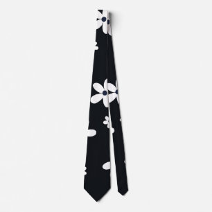 Cravate Summer Boho Black White Daisy Flowers