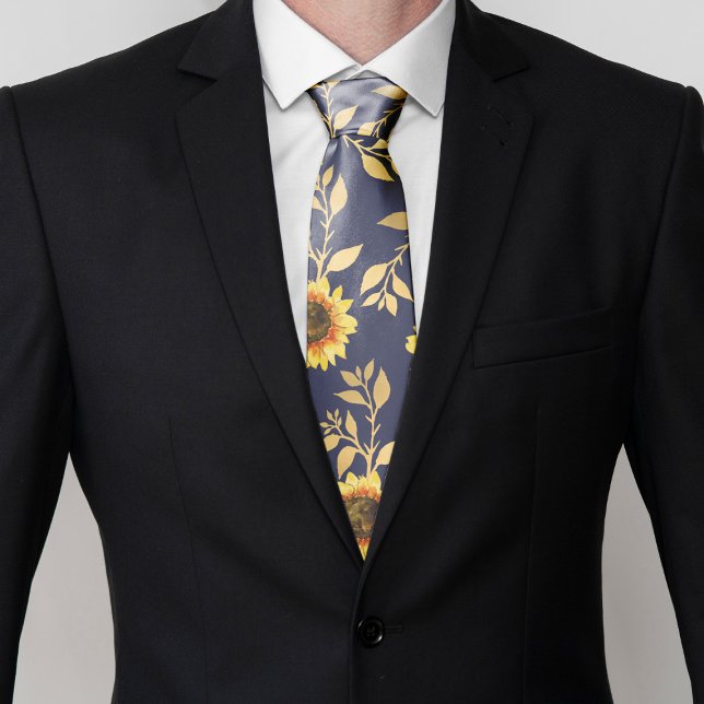 Cravate Sunny Yellow Gold Navy Feuille Motif (Créateur téléchargé)