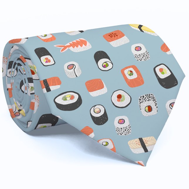 Cravate Sushi (Japanese sushi sashimi maki roll design on a blue neck tie)