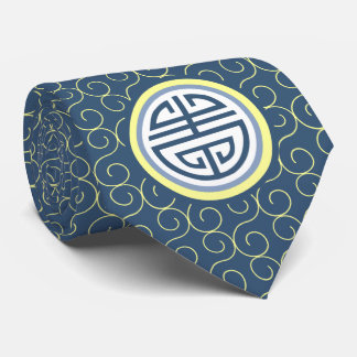 Cravate Symbole de longévité chinois Shou - bleu et jaune