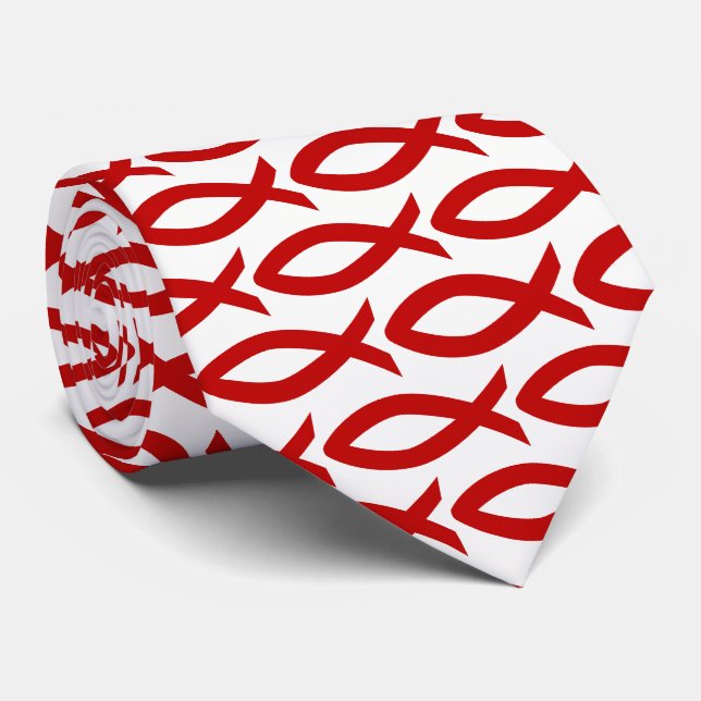 Cravate Symbole de poisson chrétien rouge et blanc Necktie (Roulé)