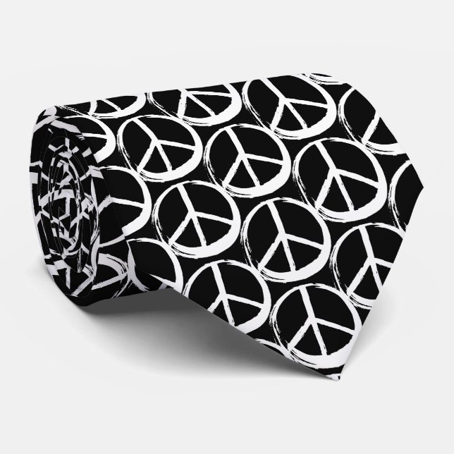 Cravate Symbole PAIX - 60s Hippie Elégant Blanc Noir (Roulé)