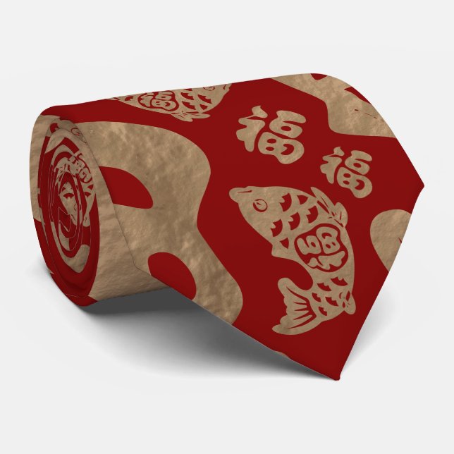 Cravate Symboles chinois Lucky et Poisson Koi - Rouge et O (Roulé)